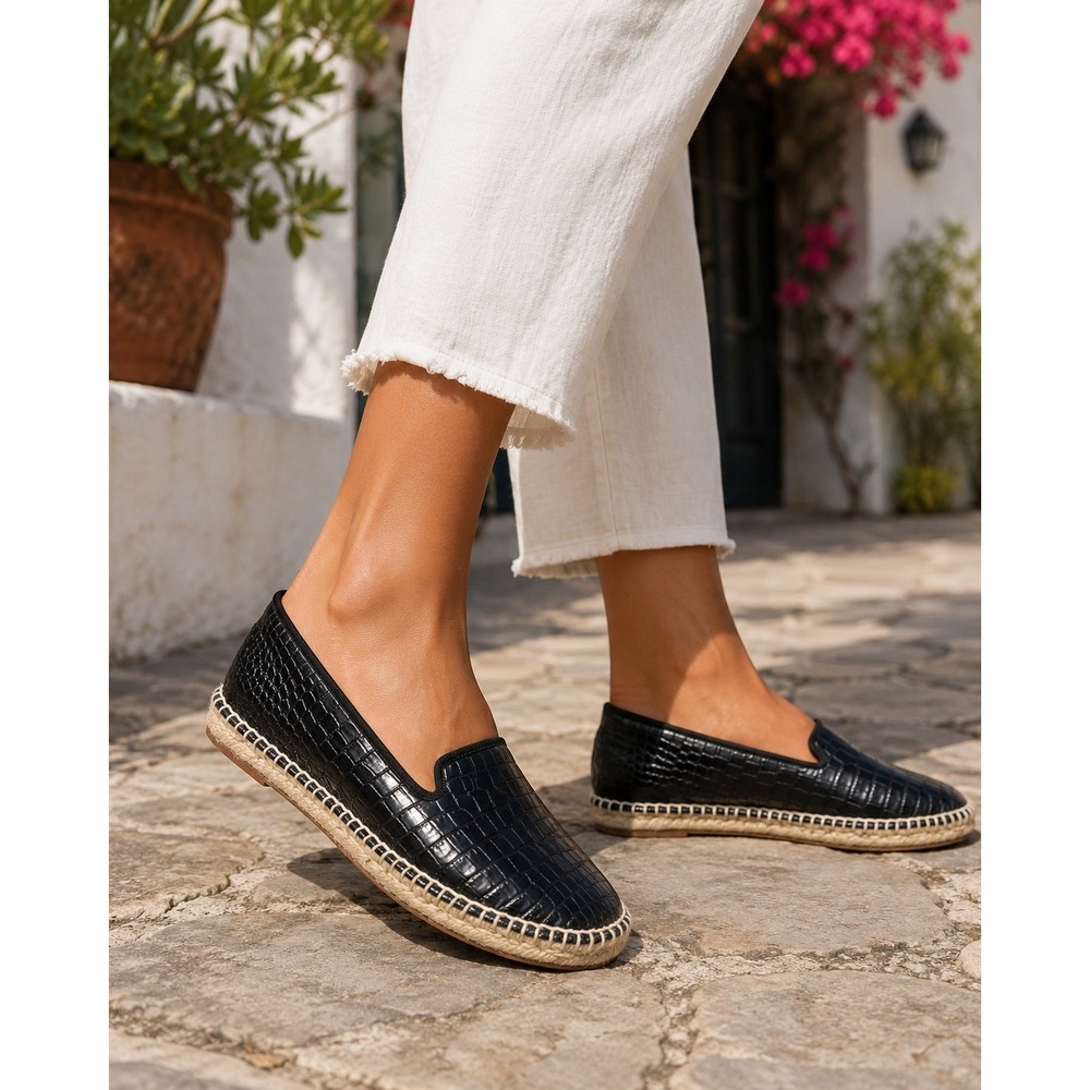 Celine Espadrilles Women's Size 8 Navy Blue Croc-Embossed Leather